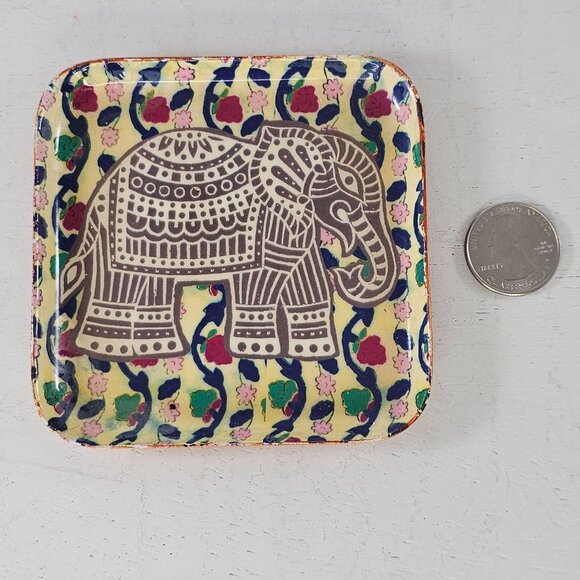 Hand-Painted Square Metal Trinket Dish With Elephant Design & Floral Pattern - Picture 2 of 9